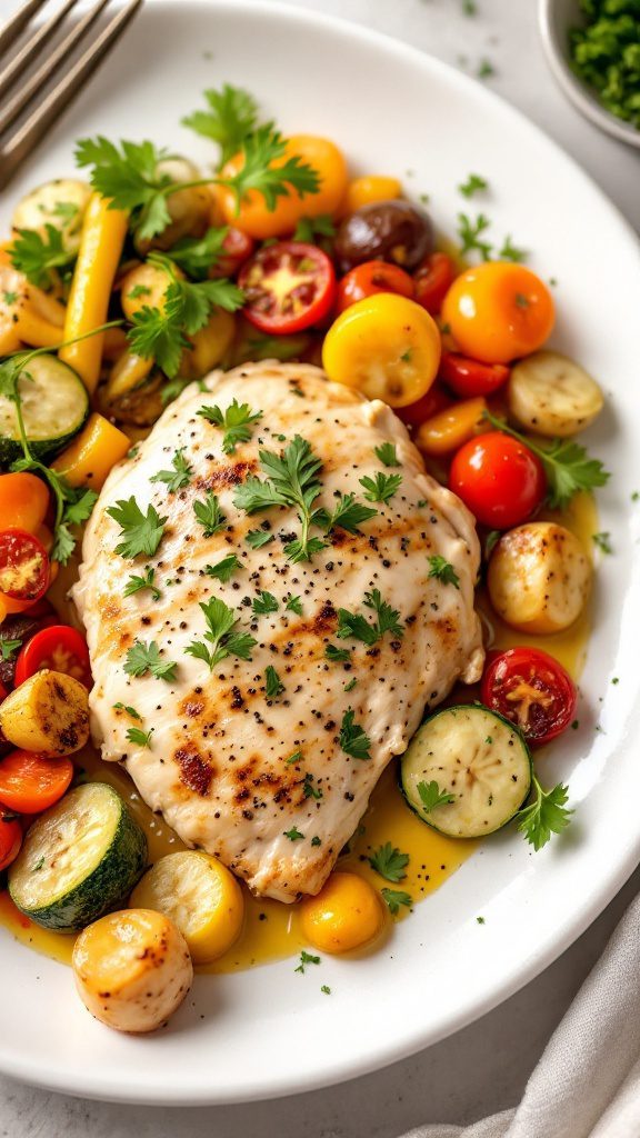 Healthy chicken breast served with mixed seasonal vegetables