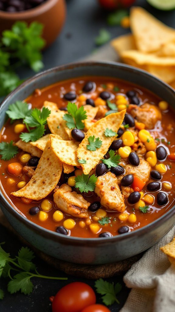 A bowl of chicken tortilla stew topped with tortilla strips and cilantro
