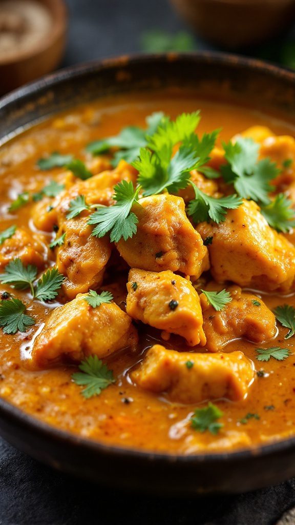 A bowl of Curry Chicken Stew with tender chicken pieces, coconut milk, and fresh cilantro on top.