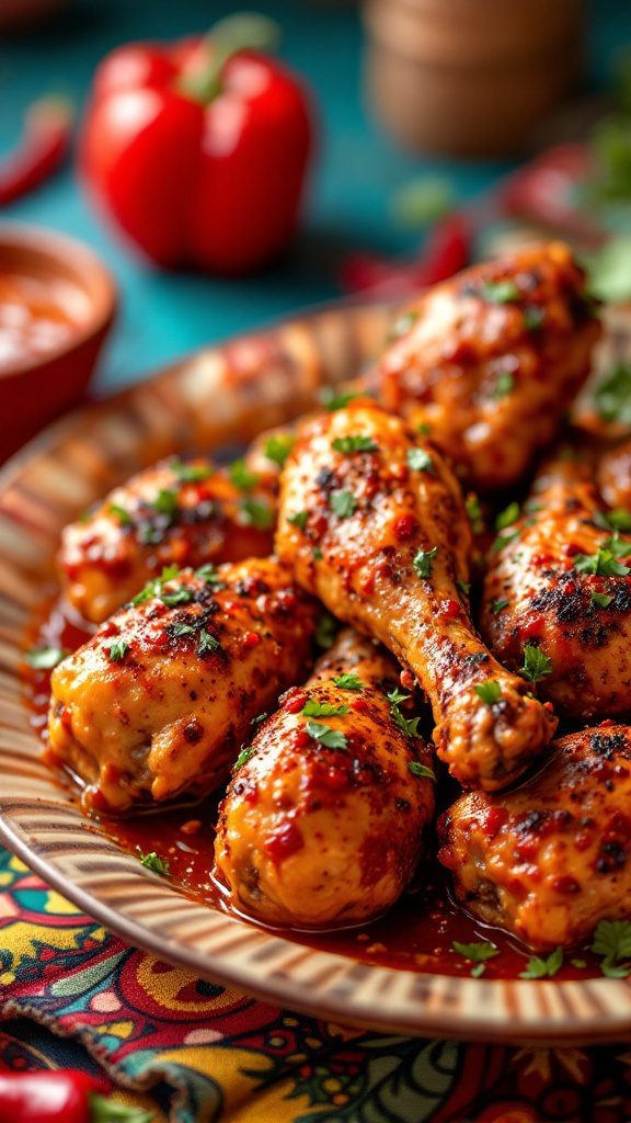 Delicious spicy chicken legs garnished with herbs and served on a plate