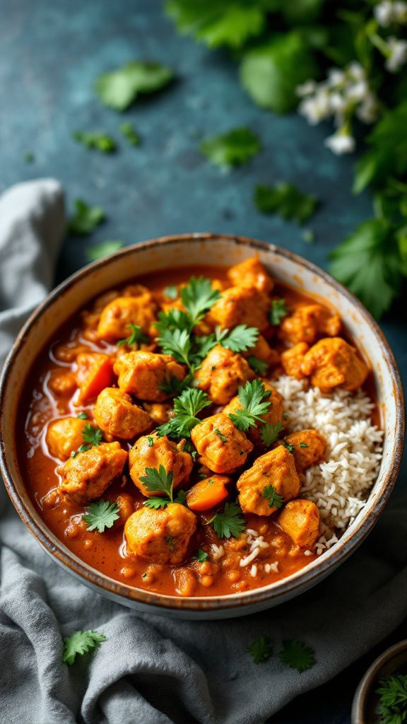 Bowl of chicken curry with rice and fresh cilantro on top