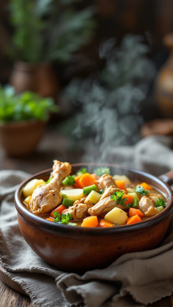 A bowl of hearty chicken and vegetable stew with colorful vegetables.