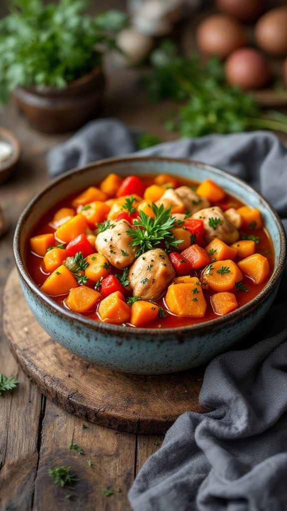 A bowl of hearty chicken and sweet potato stew with vibrant vegetables.