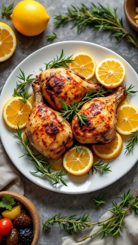 Delicious herb-infused roasted chicken legs garnished with lemon slices and fresh herbs.