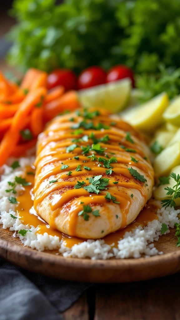 Honey Mustard Chicken Breast served with vegetables and rice