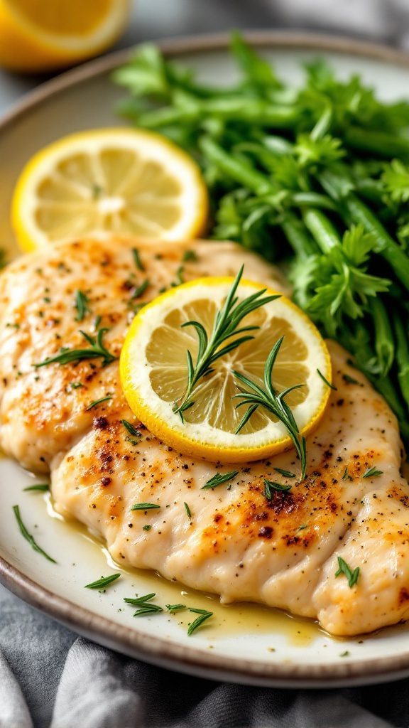Plate of Lemon Garlic Chicken Breast with lemon slices and herbs
