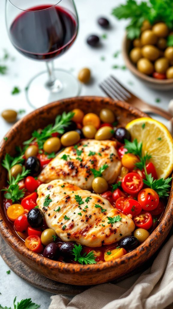 A delicious Mediterranean chicken breast dish with olives, tomatoes, and herbs.