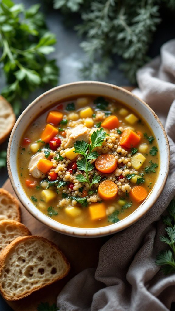 A bowl of protein-packed quinoa soup filled with vegetables and shredded chicken
