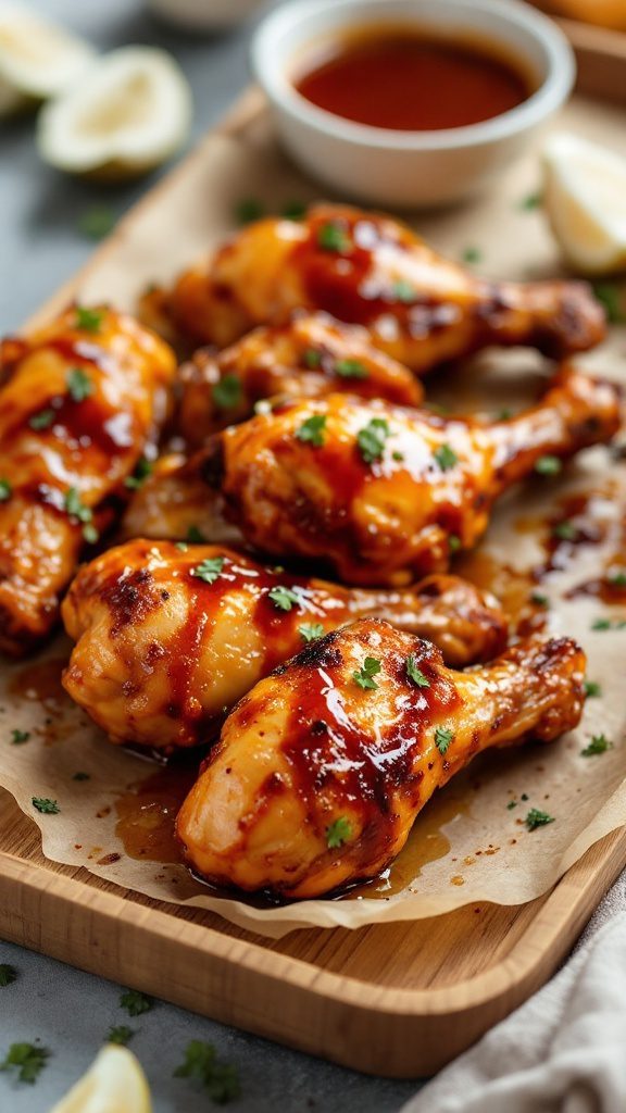 A plate of honey garlic chicken legs glistening with a sweet glaze.