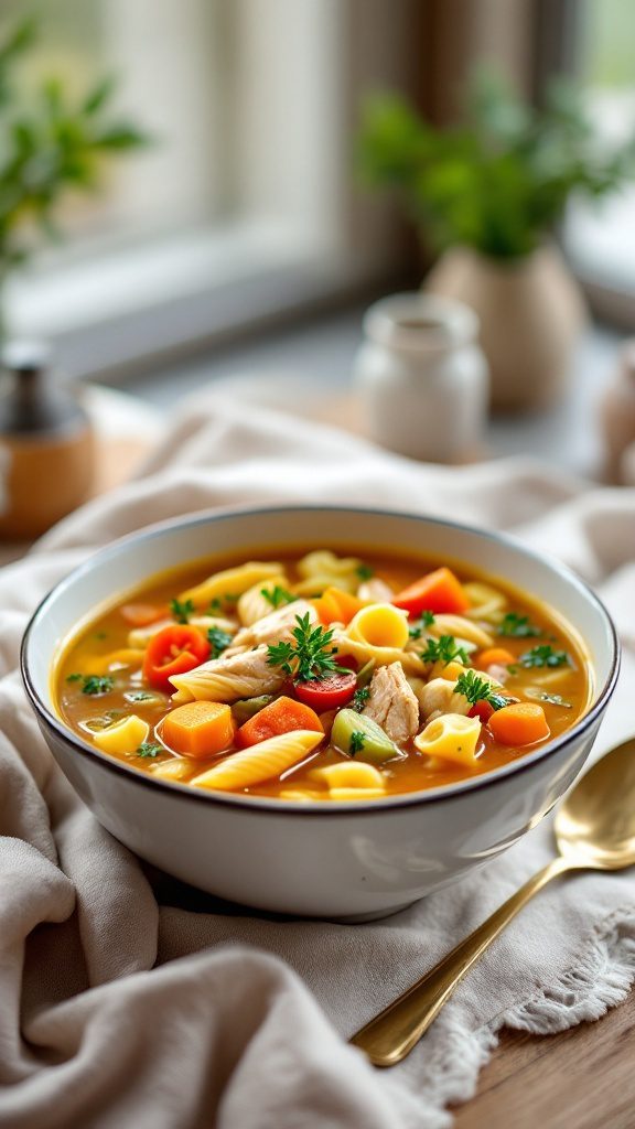 A bowl of seasonal frozen chicken minestrone soup with pasta and vegetables.