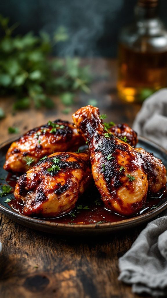 Smoky BBQ Chicken Legs served on a plate with BBQ sauce and herbs
