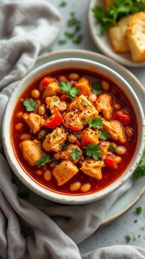 A bowl of spicy chicken chili stew garnished with fresh cilantro.