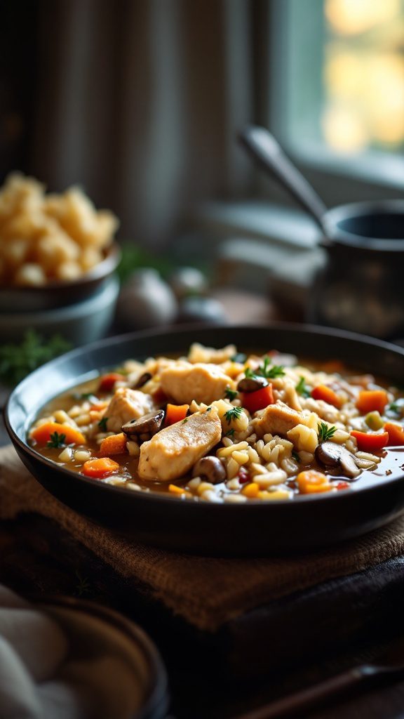 A bowl of wild rice chicken stew with vegetables, garnished with herbs.