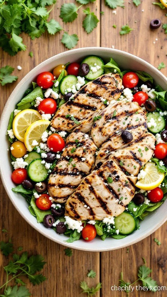 A fresh salad with grilled chicken, mixed greens, tomatoes, cucumbers, olives, and feta cheese on a rustic wooden table.