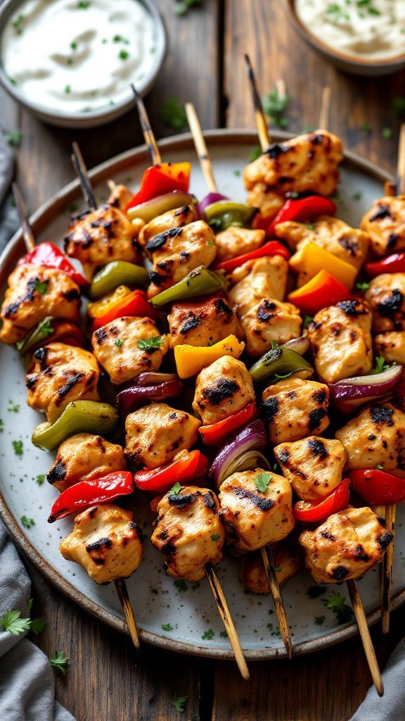 Grilled chicken kabobs with peppers and onions on skewers served with tzatziki sauce.