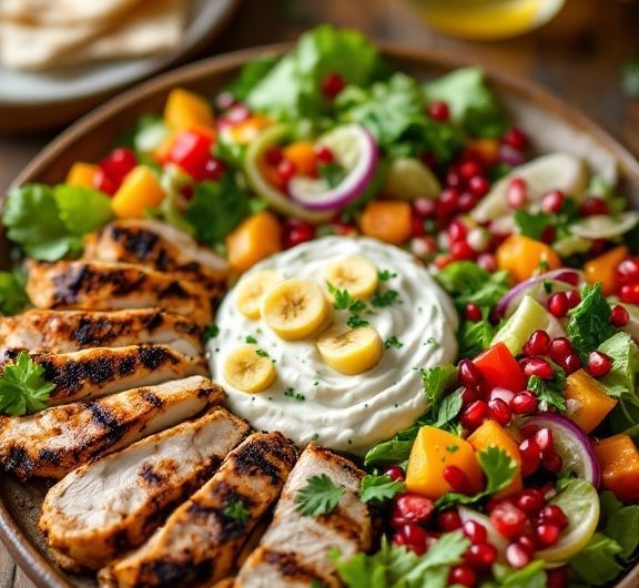 Grilled Chicken with Banana Pepper Dip and Fattoush